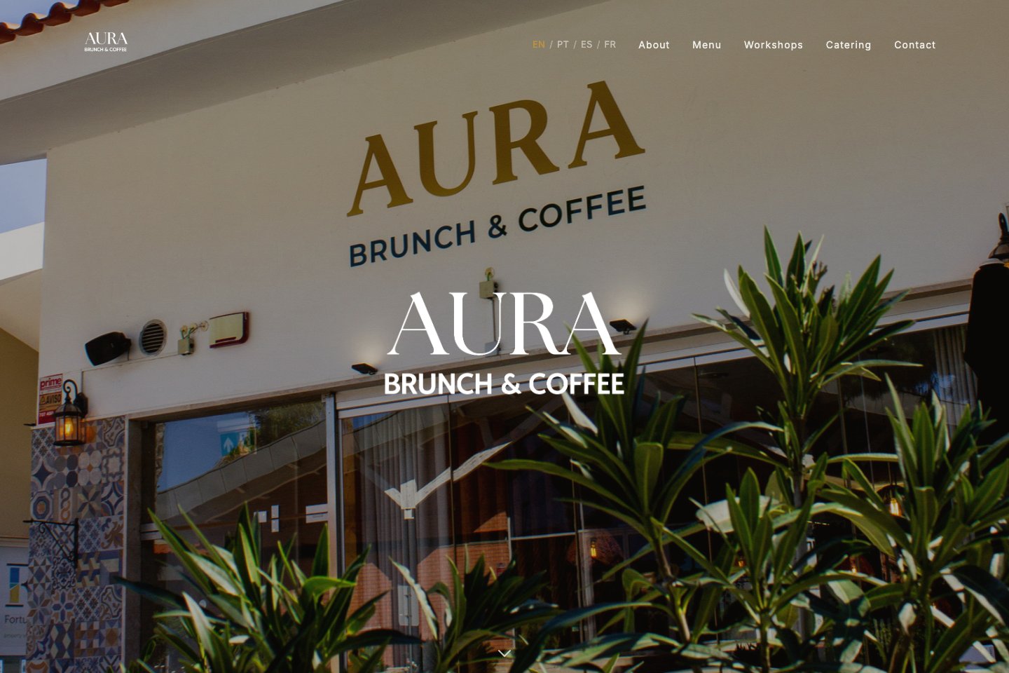 Homepage of the AURA Brunch & Coffee website, designed and built by the AFG digital team