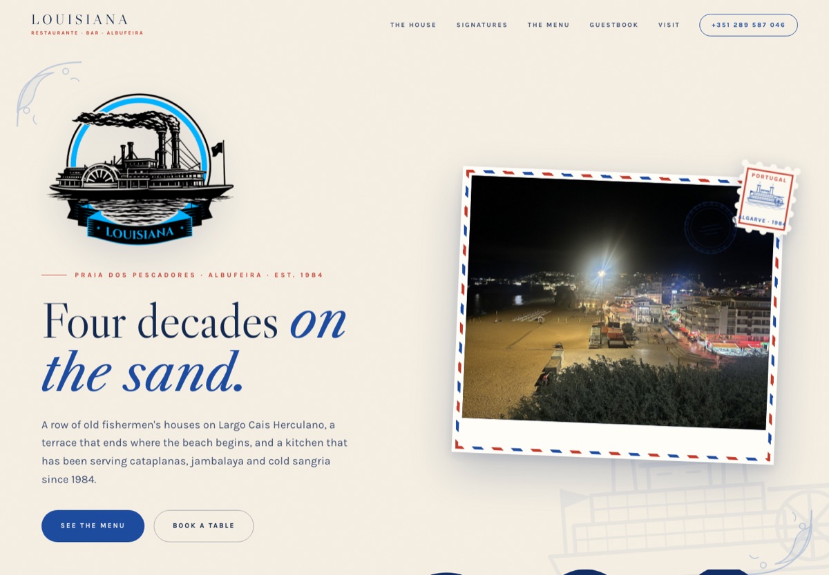 Homepage of the Louisiana Restaurante Bar website, designed and built by the AFG digital team