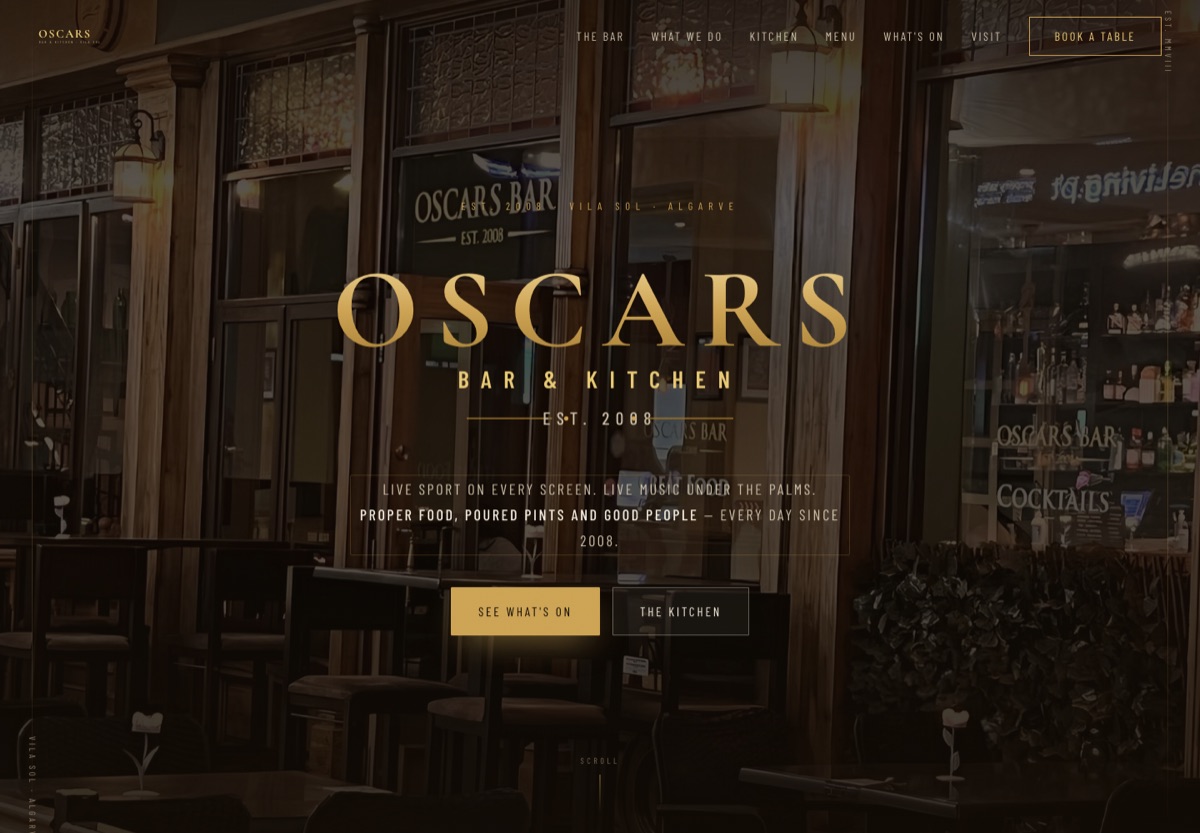 Homepage of the Oscars Bar & Kitchen website, designed and built by the AFG digital team